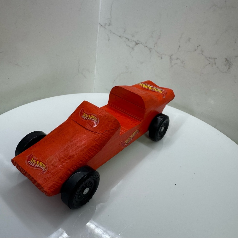 Custom Pinewood Derby Wooden Racer – Red Car with Hot Wheels Stickers